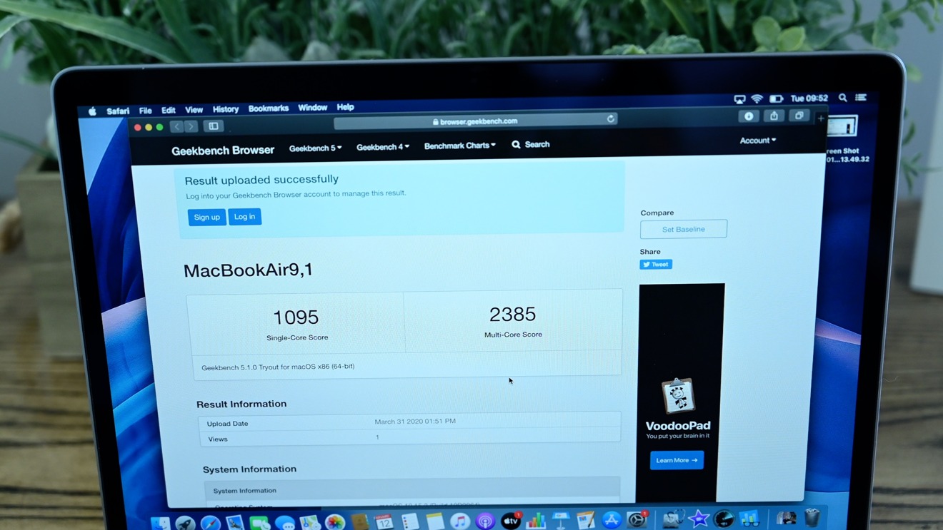 Показатели MacBook Air 2020 после тестирования в программе Geekbench 5.1